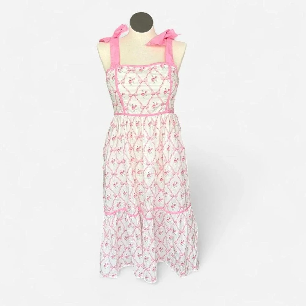 Entro Pink and white floral cotton maxi dress with ribbon bow